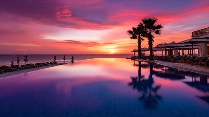 A sublime infinity pool, nestled within a high-end hotel, flawlessly connects with the pristine beach horizon. The setting sun drapes the canvas of the sky in mesmerizing shades of orange, pink