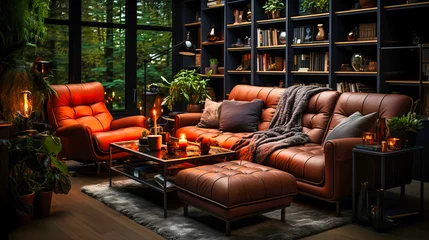 Deurstickers Modern bachelor pad with dark tones and leather seating. © NURA ALAM