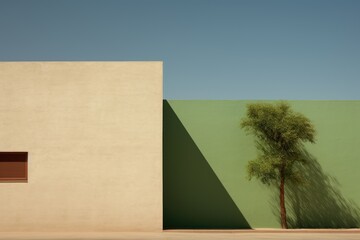 Green and Brown House Minimalism in a negative artistic space. Visual abstract metaphor. Geometric shapes with gradients.