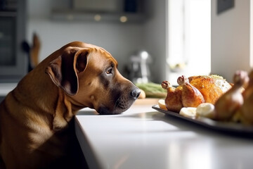 Dog sitting in front of kitchen table with roasted chicken or turkey - obrazy, fototapety, plakaty