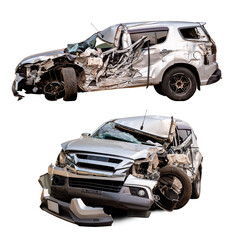 Full body side view of silver bronze car get full damaged by accident on the road. damaged cars...