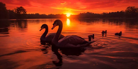 Foto op Aluminium Ducks Silhouette Photos Dreamy Swan Photo Picture Black silhouette of the swan at sunset A Pair Of Swans generative ai © Hadi