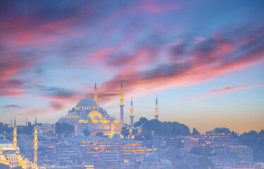 Suleymaniye Mosque and Rustem Pasha Mosque evening view, blue hour, historical district Eminonu general view