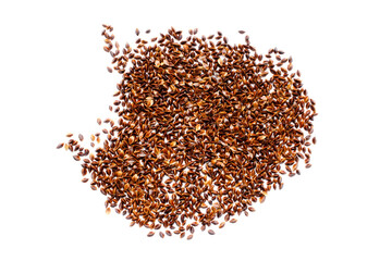 Heap of sorrel seeds isolated on white background, top view. Pile of sorrel seeds to create a seed packet in the background. Garden sorrel seeds, Rumex acetosa, isolated on white background, top view.