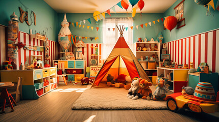 Whimsical nursery with circus themes and soft toys. - obrazy, fototapety, plakaty