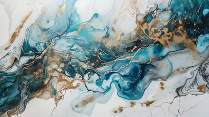 Elegant blue white and gold marble acrylic flow illustation, abstract background. 