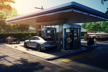 Electric vehicle charging station. Concept of using electric vehicles and consuming green...