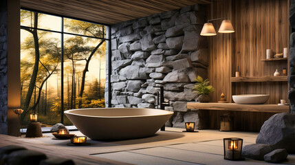 Modern Zen bathroom with a rock garden and wooden accents - obrazy, fototapety, plakaty