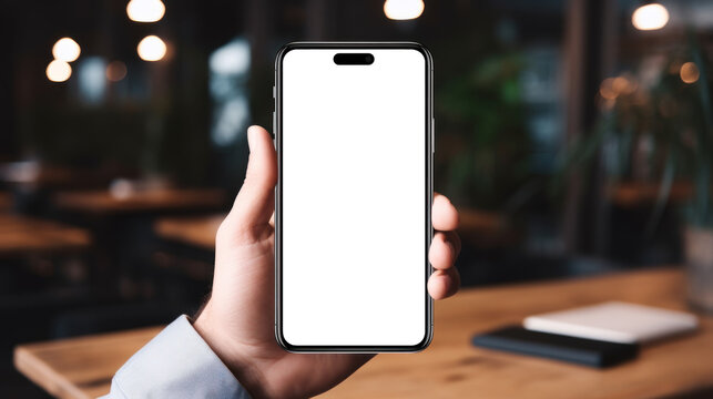 UI UX mockup image of smartphone with blank transparent screen, in hands at a table in a cozy cafe or restaurant environment furnishings. For catering or reservation apps and websites presentation