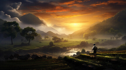 Farmer tending to the fields at dawn. Earth's caretaker. A cultivator nurturing crops, feeding nations from the soil