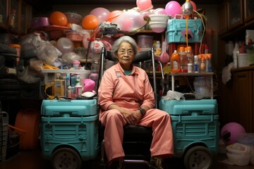  Cleaning woman proudly showcasing her well organized cleaning cart, Generative AI