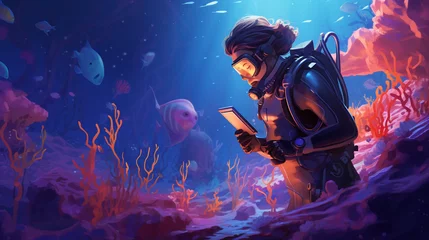 Fotobehang Marine biologist exploring vibrant coral reefs. Ocean's detective. A researcher diving deep, unraveling aquatic mysteries © Alin