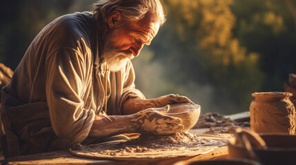 Potter shaping clay on a spinning wheel. Earth's molder. An artisan breathing life into mud, creating functional art. - obrazy, fototapety, plakaty