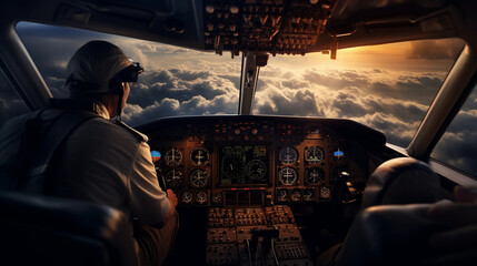 Pilot navigating a plane through stormy skies. Sky's trailblazer. A navigator steering with precision, ensuring safe journeys. - obrazy, fototapety, plakaty