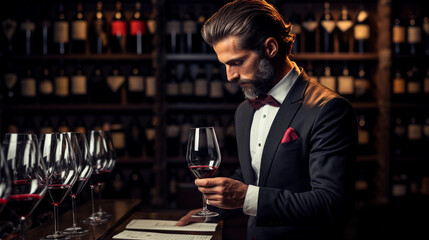 Sommelier sampling wines in a cellar. Connoisseur of vintages. An expert discerning notes, aromas, and ages in every sip