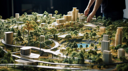 Urban planner designing sustainable city models. Visionary of habitats. An architect reshaping cities for the future, blending nature and urbanism - obrazy, fototapety, plakaty