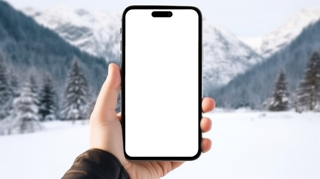 UI UX mockup image of smartphone with blank transparent screen, in hands in the cold winter in the mountains environment furnishings. For ski or winter apps and websites presentation