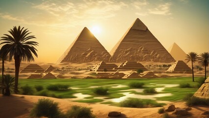 Ancient egypt with pyramids of GIza, grass and palms. Highly detailed and realistic illustration
