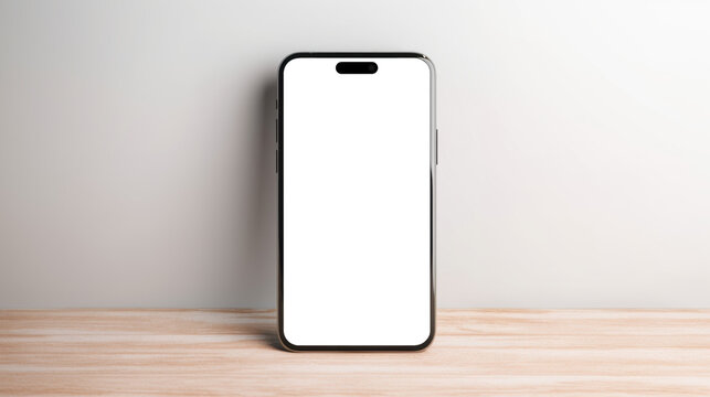 UI UX mockup image of smartphone with blank transparent screen, stands on a table or shelf against a white wall. For apps and websites presentation