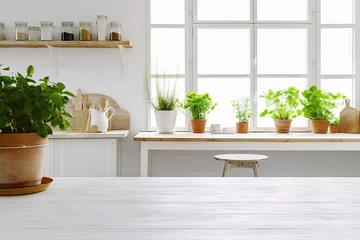 Foto auf Glas Indoor serenity. Green potted plant on table adds life to modern decor. Houseplant elegance. Stylish touch of nature in white interior. Nature corner. Fresh green on cozy windowsill © Thares2020