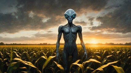 Humanoid Gray Alien in Corn field. ET design in high resolution