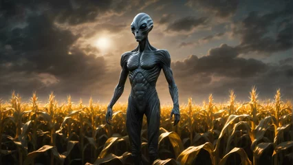 Rolgordijnen Humanoid Gray Alien in Corn field. ET design in high resolution © RobinsonIcious