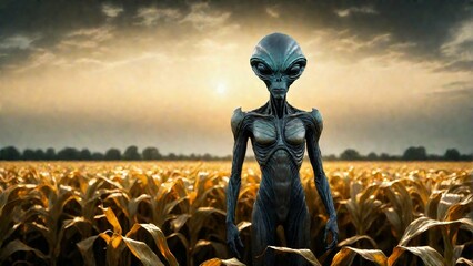 Humanoid Gray Alien in Corn field. ET design in high resolution - obrazy, fototapety, plakaty