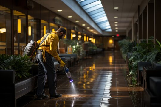 Janitorial staff member conducting routine inspections to ensure cleanliness standards are met, Generative AI