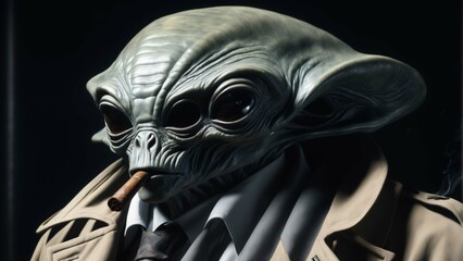 Old Gray alien with trench coat on black isolated background. Highly detailed and realistic design - obrazy, fototapety, plakaty