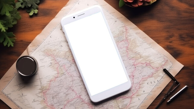 UI UX mockup image of smartphone with blank transparent screen, lies on the table on the map in the tourist environment furnishings. For travel and tourism apps and websites presentation
