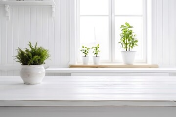 Fototapeta na wymiar Indoor serenity. Green potted plant on table adds life to modern decor. Houseplant elegance. Stylish touch of nature in white interior. Nature corner. Fresh green on cozy windowsill