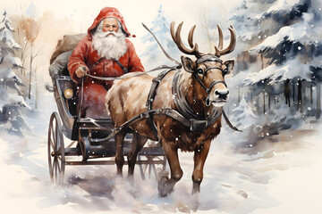 santa claus riding a sleigh with reindeer, christmas - obrazy, fototapety, plakaty