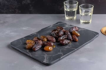 Dates on top of plates on top of clean concrete table