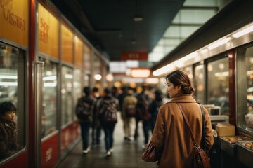 Woman in Subway Urban Lifestyle, Commuting, Subway Station - obrazy, fototapety, plakaty