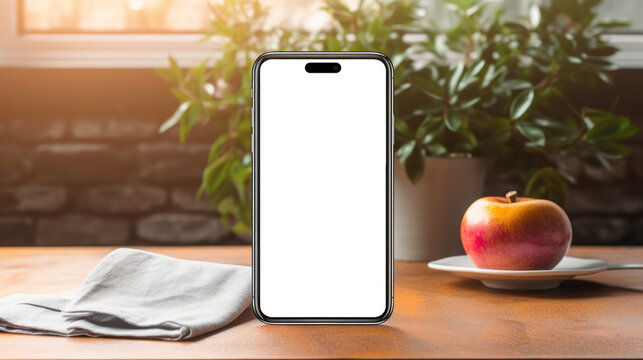 UI UX mockup image of smartphone with blank transparent screen, stands on the table near apple in the kitchen environment furnishings. For culinary and healthy lifestyle apps and websites presentation