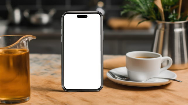  mockup image of smartphone with blank transparent screen, standing on the table by cups of coffee in the kitchen environment furnishings. For apps and websites marketing and advertising presentation
