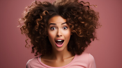 Surprised black Woman with Big Hair on an Pink Background