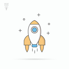 Outlined retro spaceship icon. Cartoon rocket spaceship take off. Isolated vector illustration.