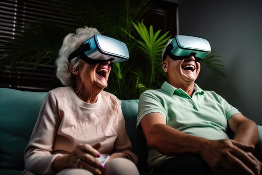 An elderly couple at home wearing virtual reality headsets shares a joyful moment in the world of virtual reality.