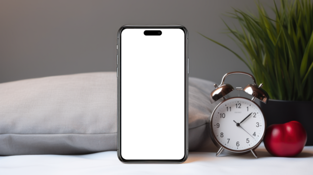mockup image of smartphone with blank transparent screen, standing on the table near the pillow and the clock and fruit at home environment furnishings. For diet and healthy lifestyle apps and website