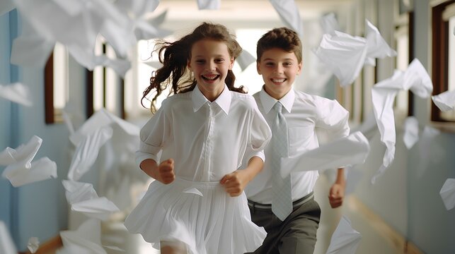 Two joyful schoolchildren, a girl and a guy run down the school corridor with flying sheets of paper, a symbol of study and education, as well as the end of the school season, rest and freedom.