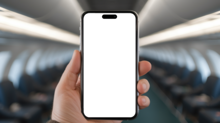 mockup image of smartphone with blank transparent screen, in hand by the cockpit airplane environment furnishings. For travel and tourism or plane tickets apps and websites marketing and advertising p