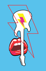 Design for an electric guitar t-shirt with the lightning bolt symbol and sensual red lips on a light blue background. 80s glam rock poster.