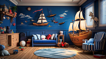Nautical-themed children's room with ship motifs and navy stripes.