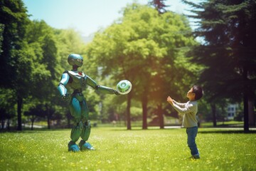 A robot and a little boy are playing games in the park on a sunny summer day.