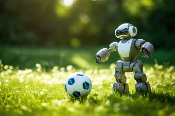A robot soccer player plays a fun and competitive game on a sunny green field, combining technology and sports.