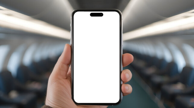 mockup image of smartphone with blank transparent screen, in hand by the cockpit airplane environment furnishings. For travel and tourism or plane tickets apps and websites marketing and advertising p