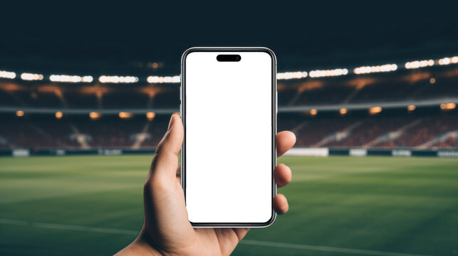mockup image of smartphone with blank transparent screen, in hand by the football stadium with stands environment furnishings. For betting and sports fans apps and websites marketing and advertising p