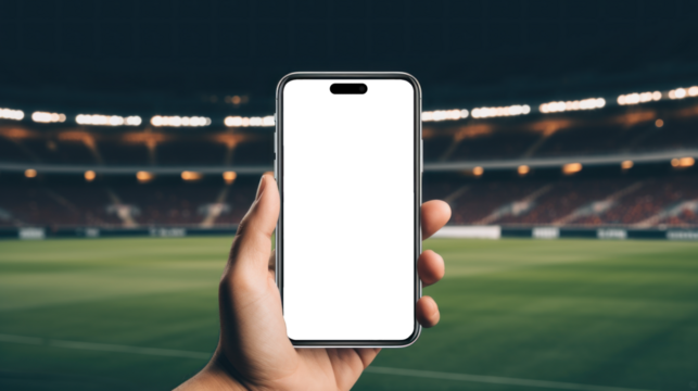 mockup image of smartphone with blank transparent screen, in hand by the football stadium with stands environment furnishings. For betting and sports fans apps and websites marketing and advertising p