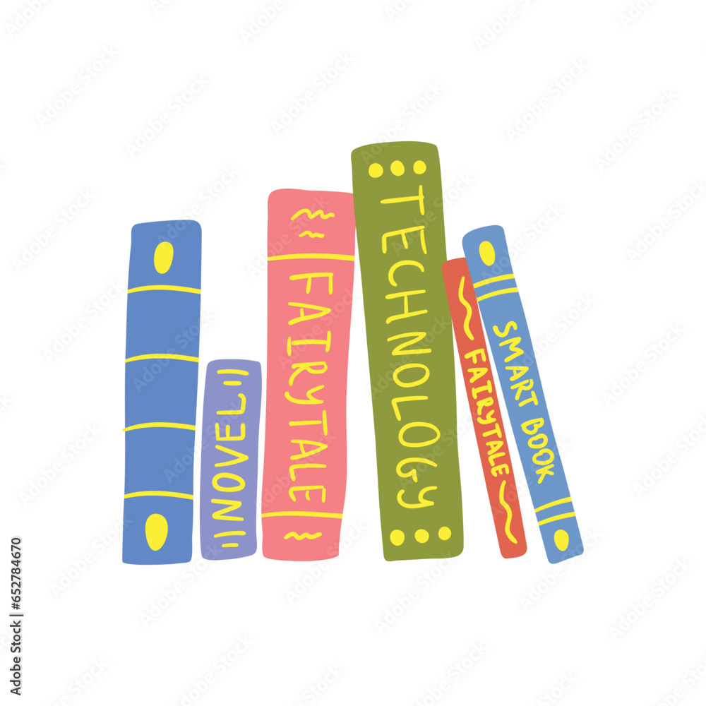 Poster cartoon color stack different stack books and tutorials set element home inside interior concept fla